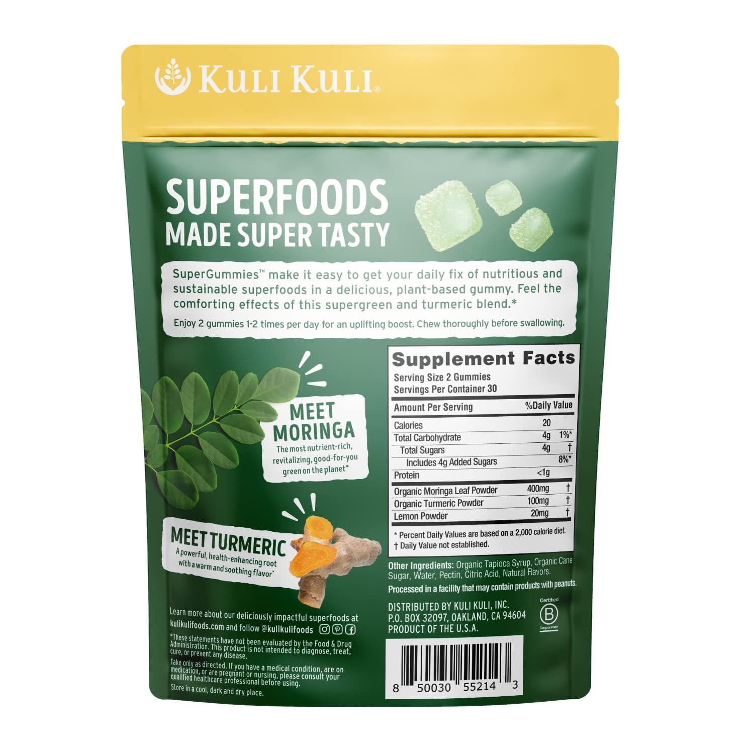 Gluten-free and non-GMO certification badge on Kuli Kuli gummies packaging.