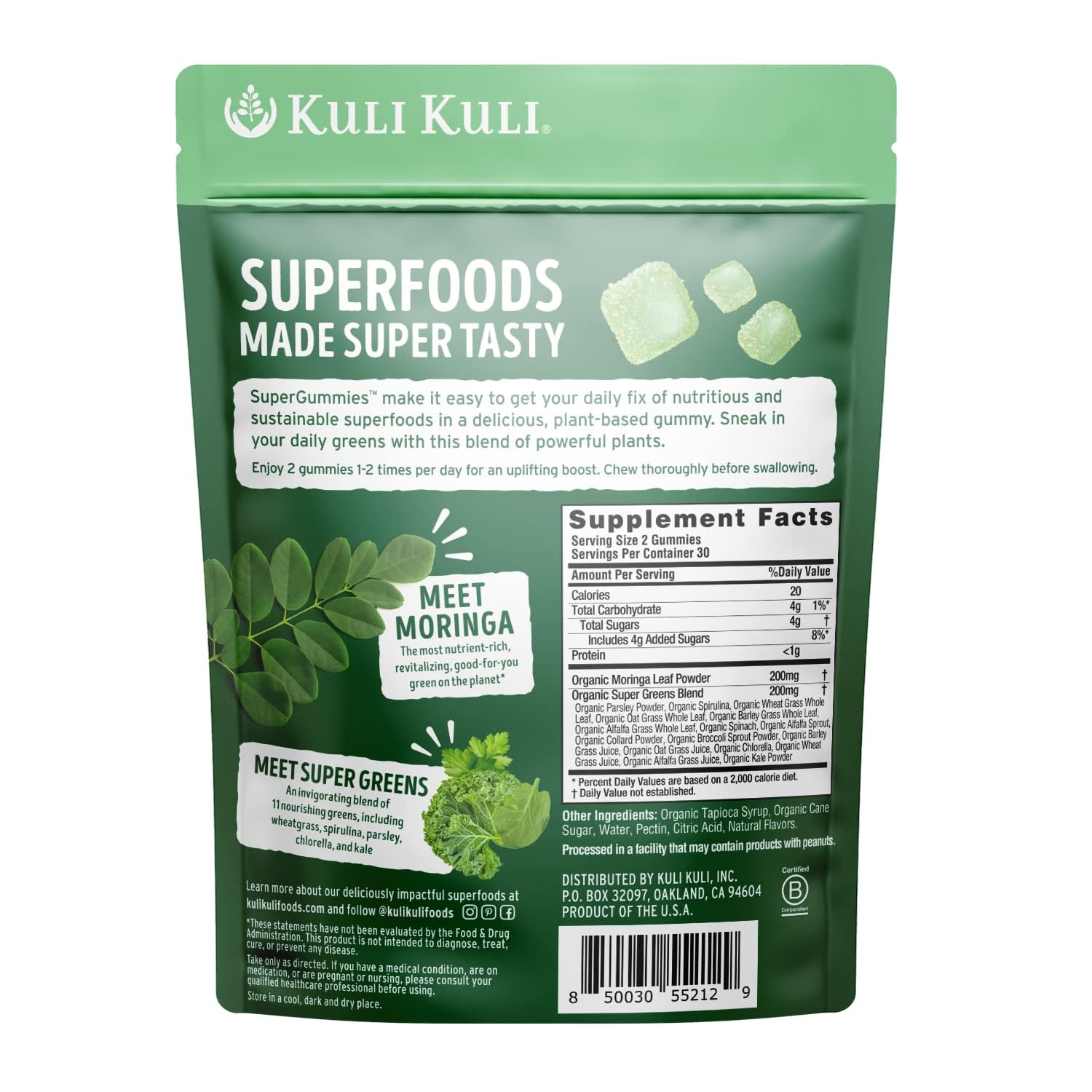 Greens blend in gummies including parsley and kale for daily greens.