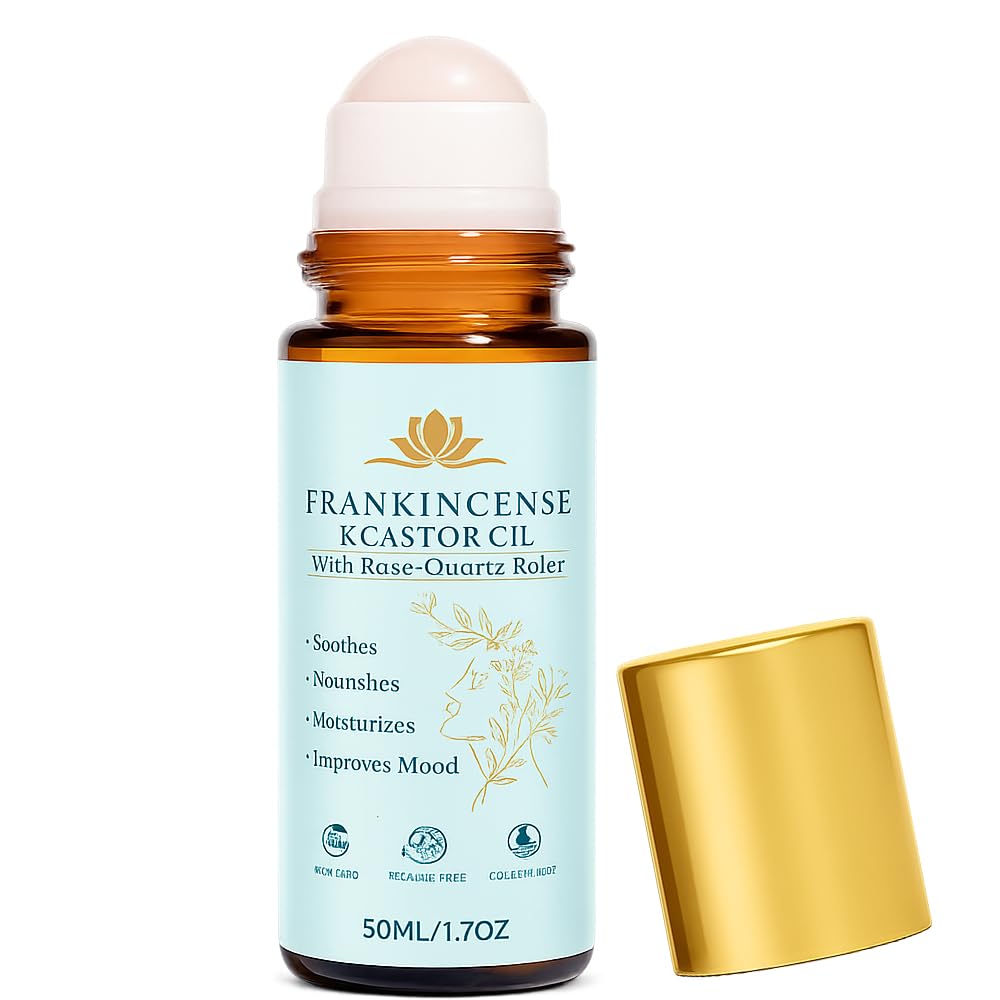 KUNLEN Frankincense Castor Oil Roll-On with Rose Quartz roller for on-the-go hydration.