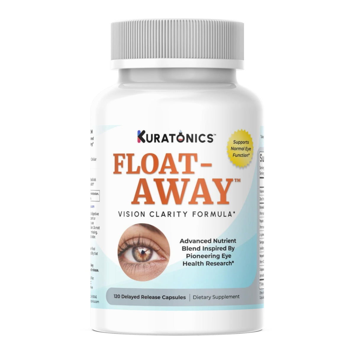 Kuratonics Float-Away bottle front for daily vision support and easy dosing.