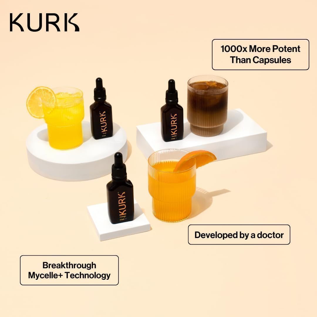 Kurk Essential turmeric drops with dropper highlighting precise 1 ml dosing for convenience.