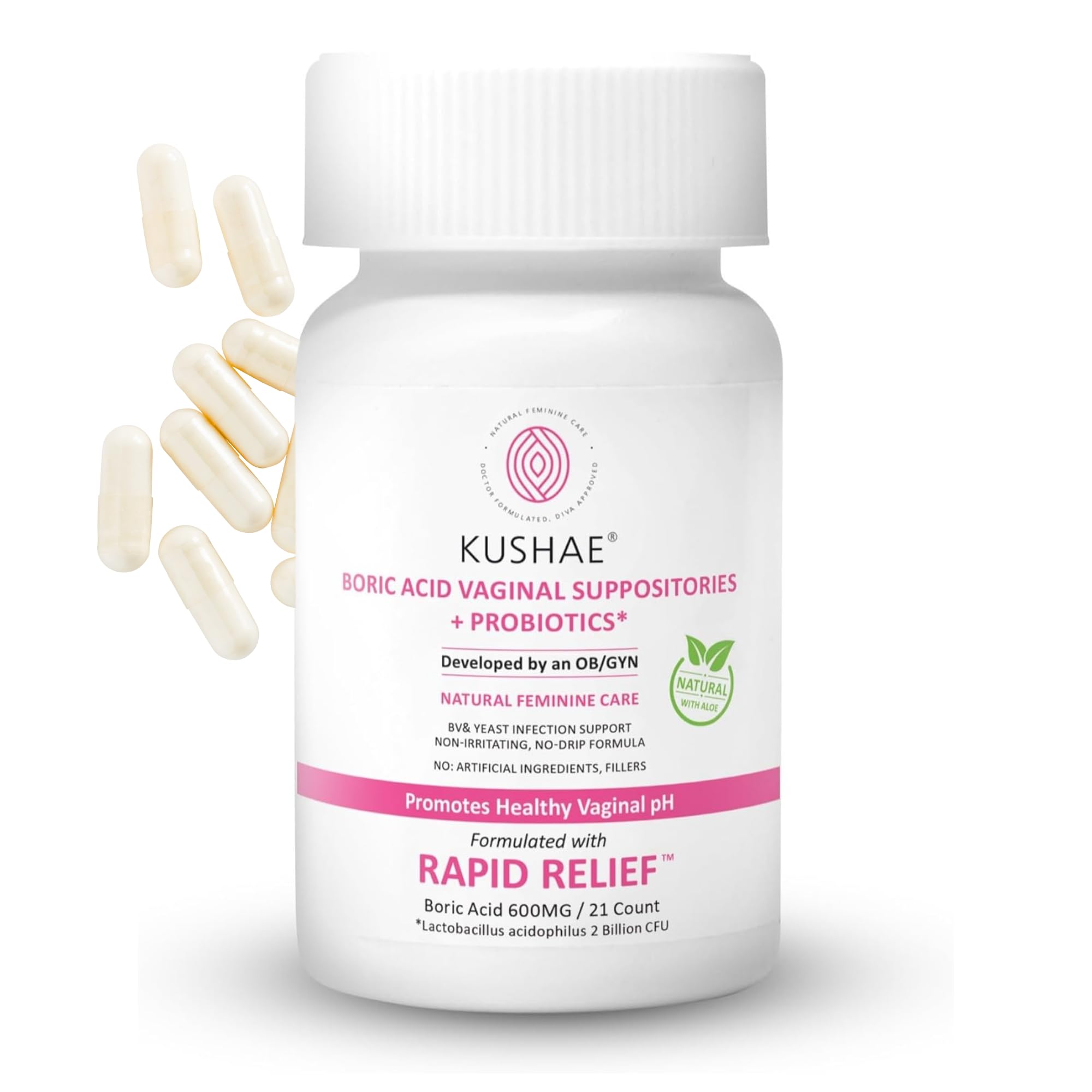 Kushae boric acid suppositories bottle for gentle balance and comfortable daily use.