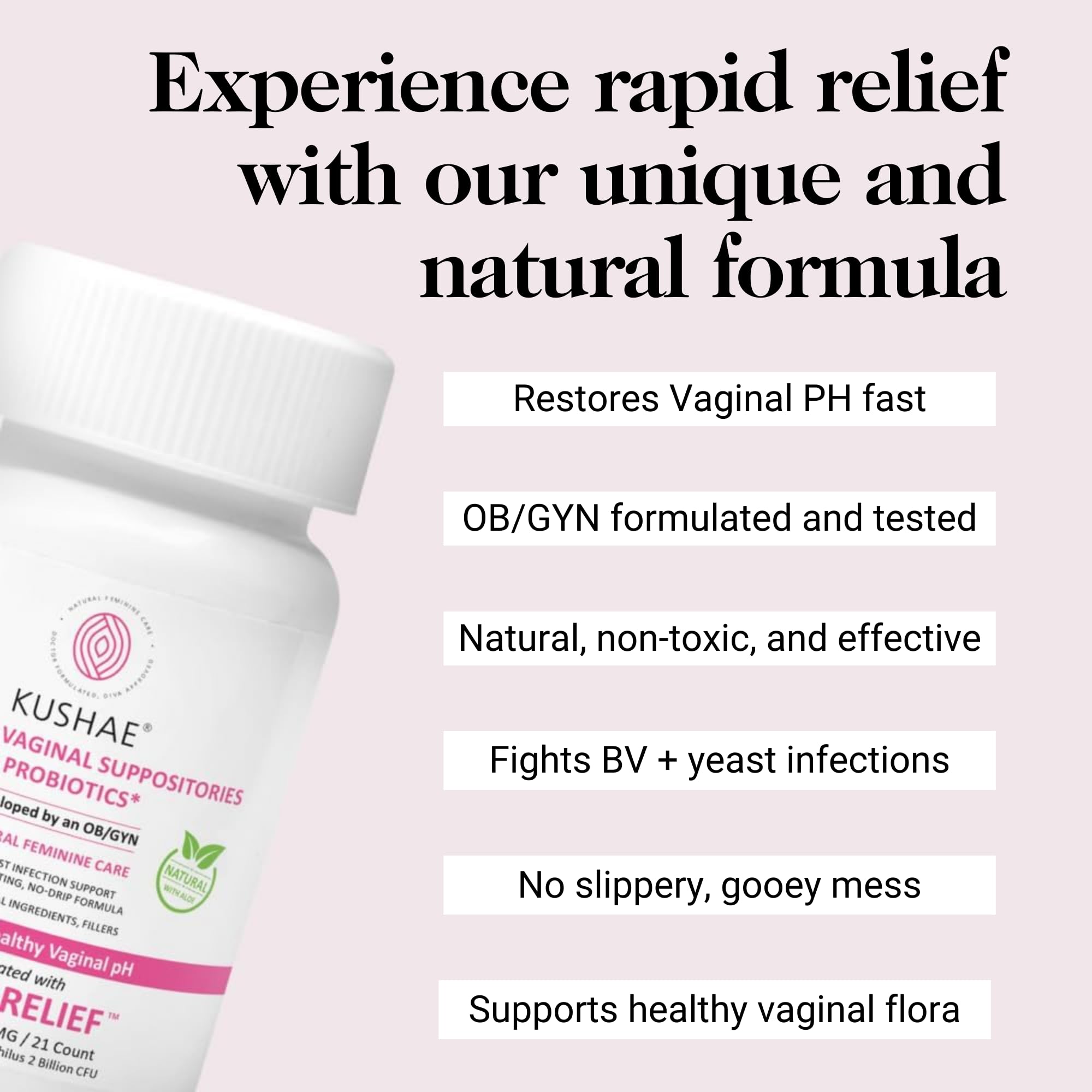 Kushae packaging highlights natural ingredients and probiotic blend for daily balance.