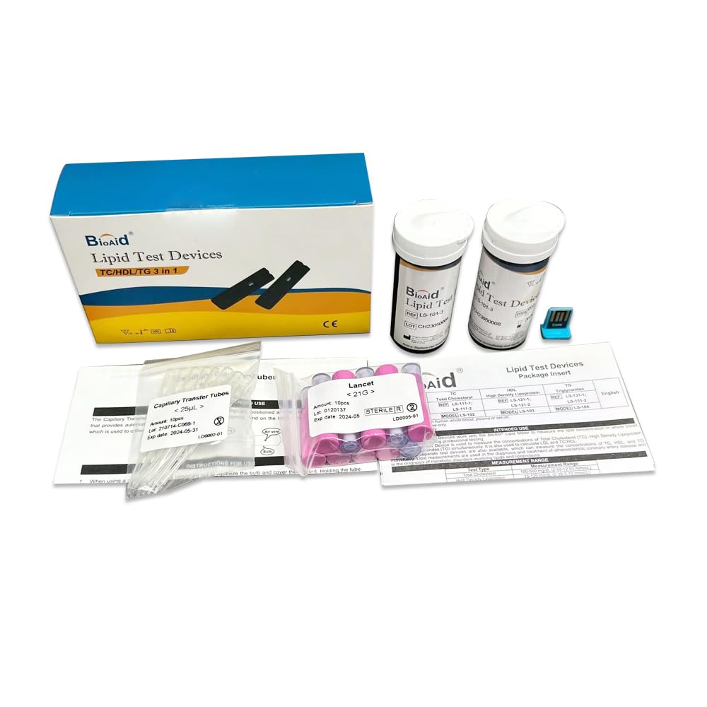 KuweiCheck Bioaid 3in1 strip pack with tubes for at-home lipid screening.