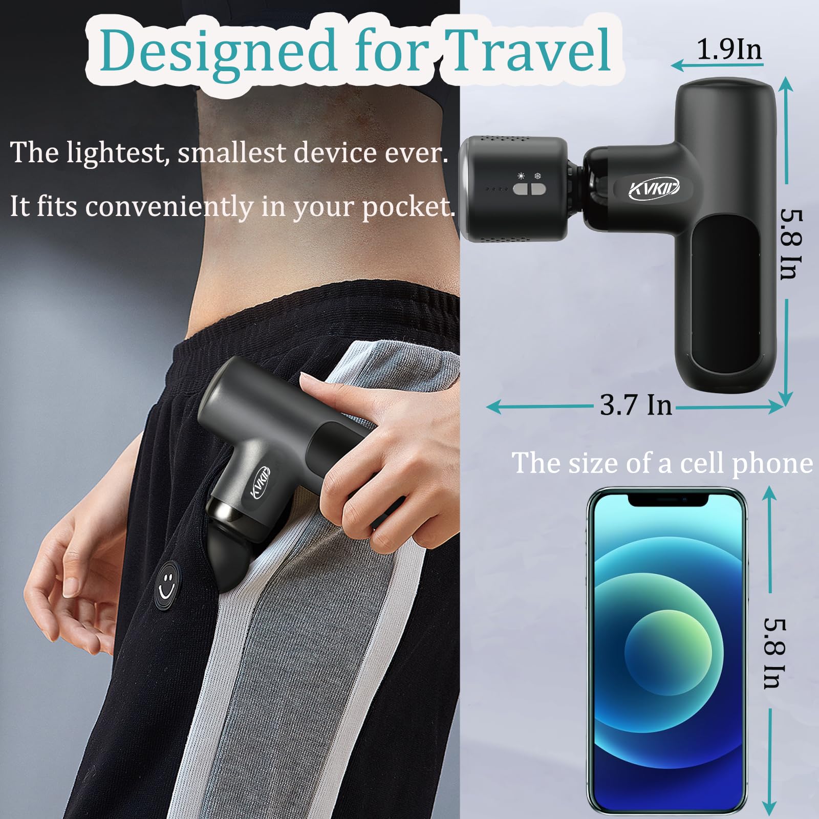 KVKID Mini Massager Gun shows 2000mAh battery life for hours of use.