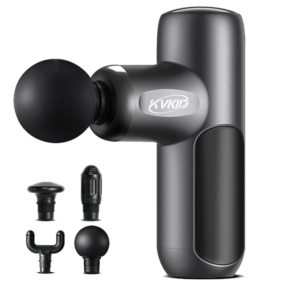 KVKID Mini Massager Gun front view shows compact ergonomics for on-the-go relief.
