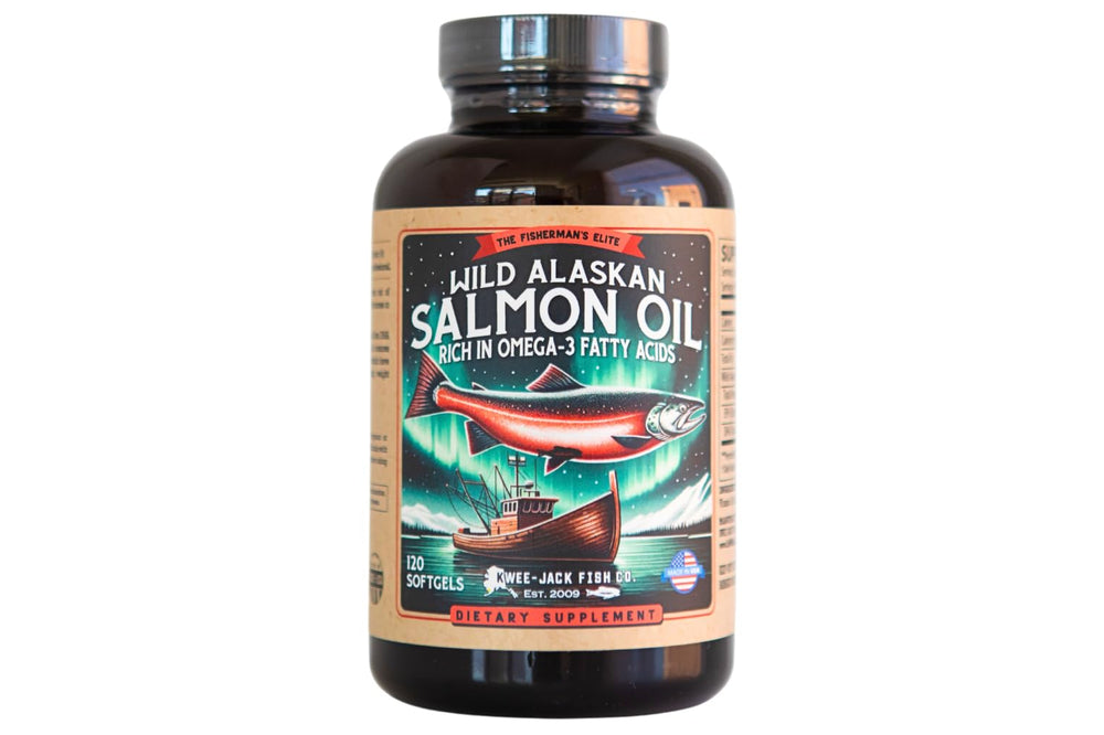 Kwee-Jack Wild Alaskan Salmon Oil bottle showcases premium omega-3 softgels for daily use.