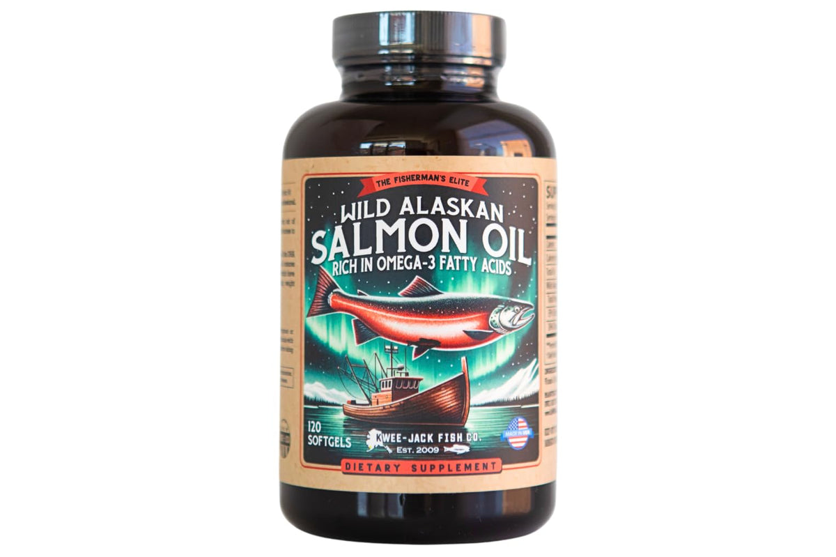 Kwee-Jack Wild Alaskan Salmon Oil bottle showcases premium omega-3 softgels for daily use.
