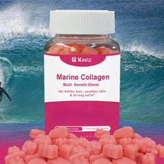 KXKLC Marine Collagen Gummies glass jar on a vanity with glow concept