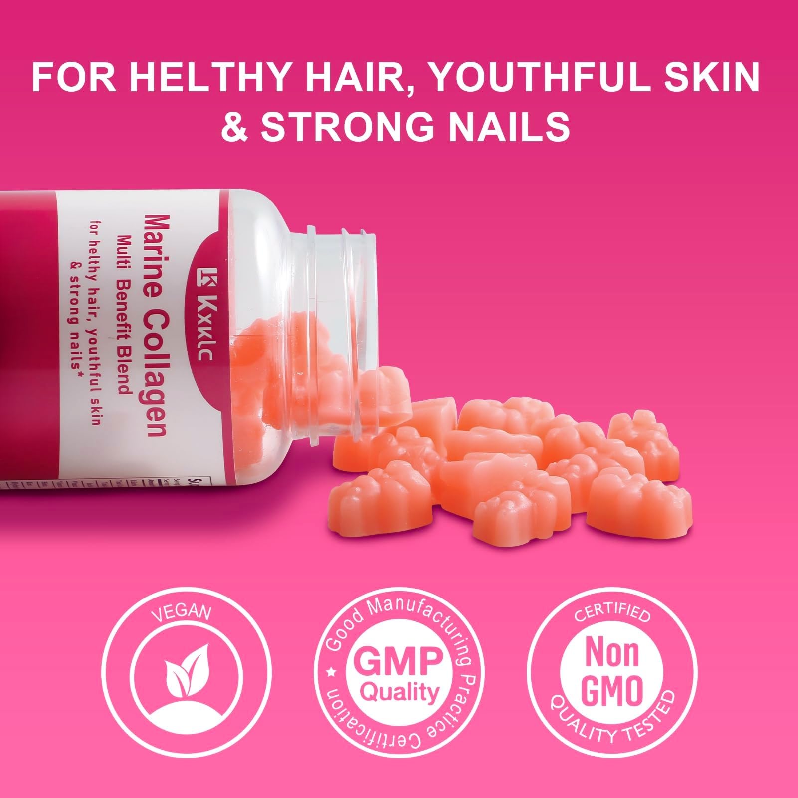 KXKLC Marine Collagen Gummies ingredients panel highlighting Vitamin C and Biotin