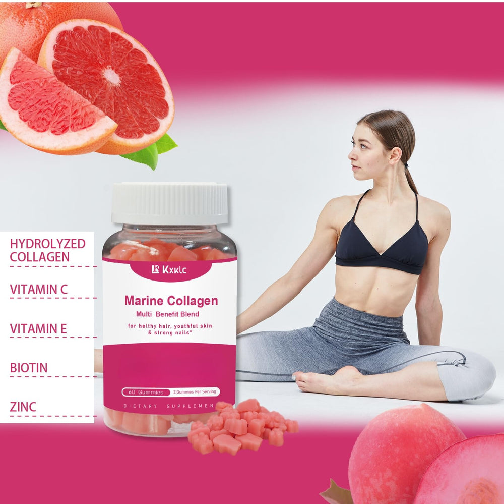 KXKLC Marine Collagen Gummies front label showing gluten-free and non-GMO