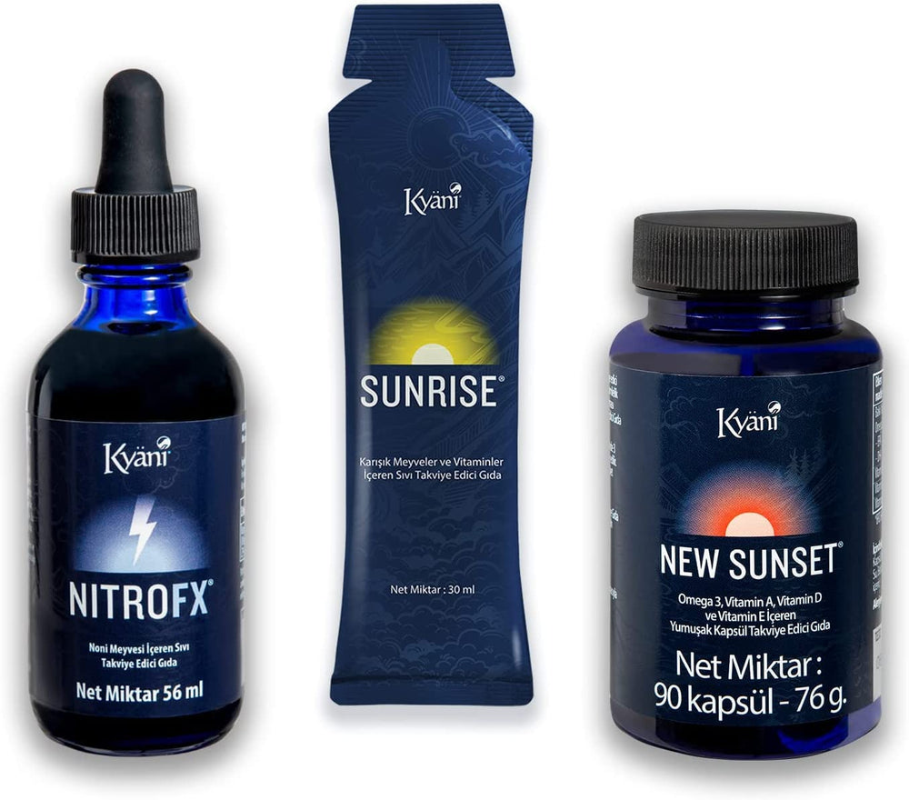 Kyani Triangle of Health FX Sunset bottle, convenient daily vitality support for balanced nutrition.