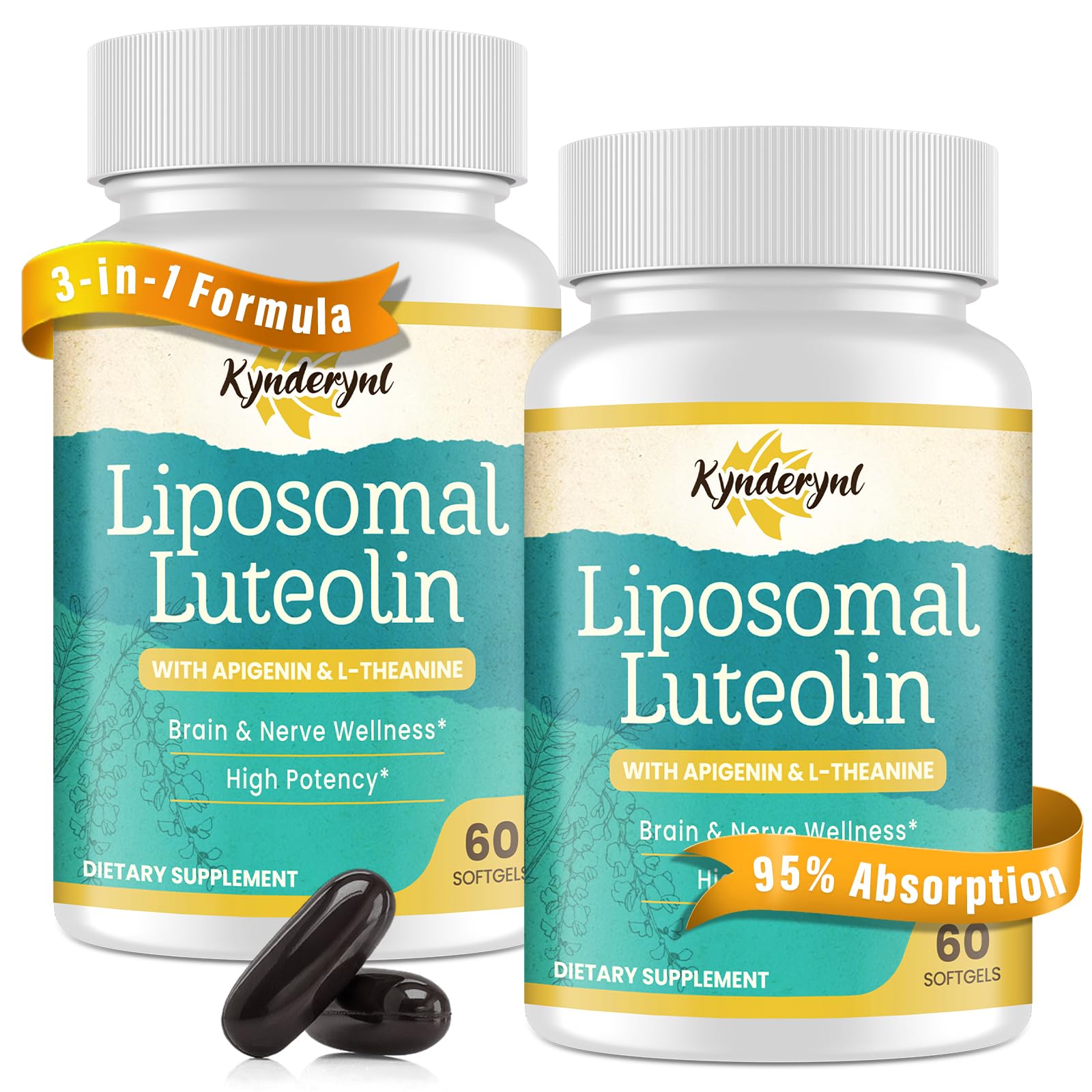Kynderynl Liposomal Luteolin 200mg bottle label close-up highlighting clean packaging.