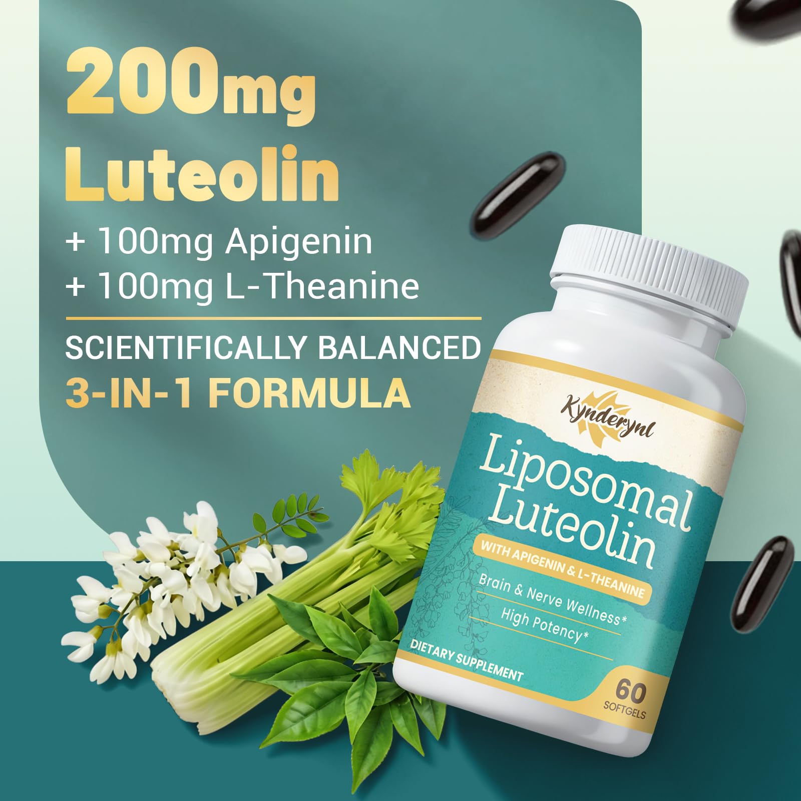 Kynderynl Liposomal Luteolin 200mg softgels pack demonstrates convenient daily use.