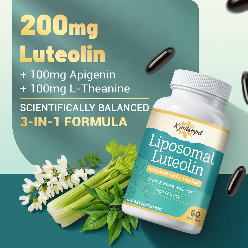 Kynderynl Liposomal Luteolin 200mg softgels pack demonstrates convenient daily use.