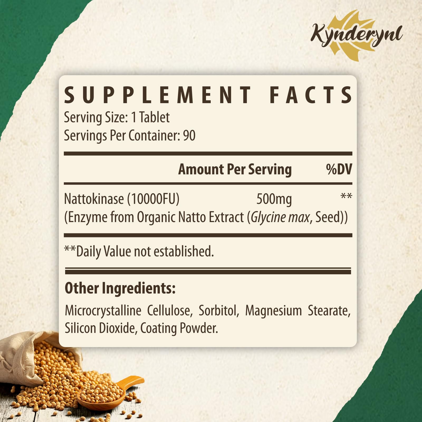 Kynderynl nattokinase bottle back with supplement notes and enteric coating features.
