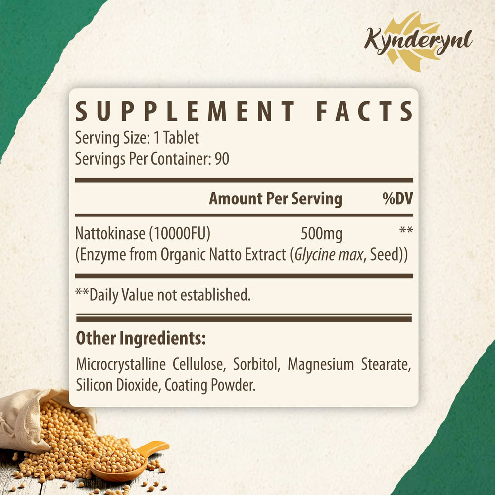 Kynderynl nattokinase bottle back with supplement notes and enteric coating features.