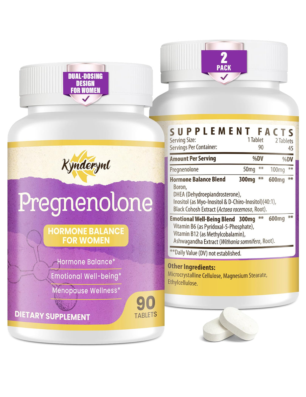 Kynderynl Pregnenolone dual-dosing tablets showing flexible daily options for women.