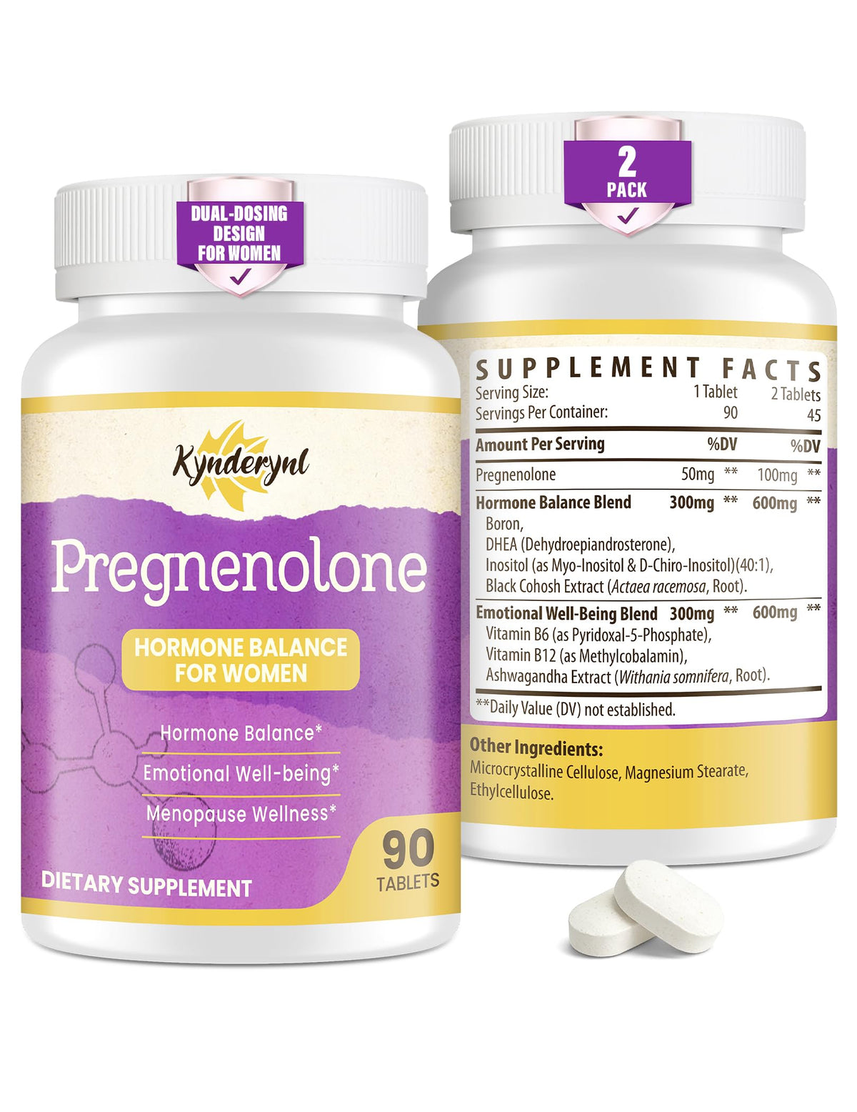 Kynderynl Pregnenolone dual-dosing tablets showing flexible daily options for women.