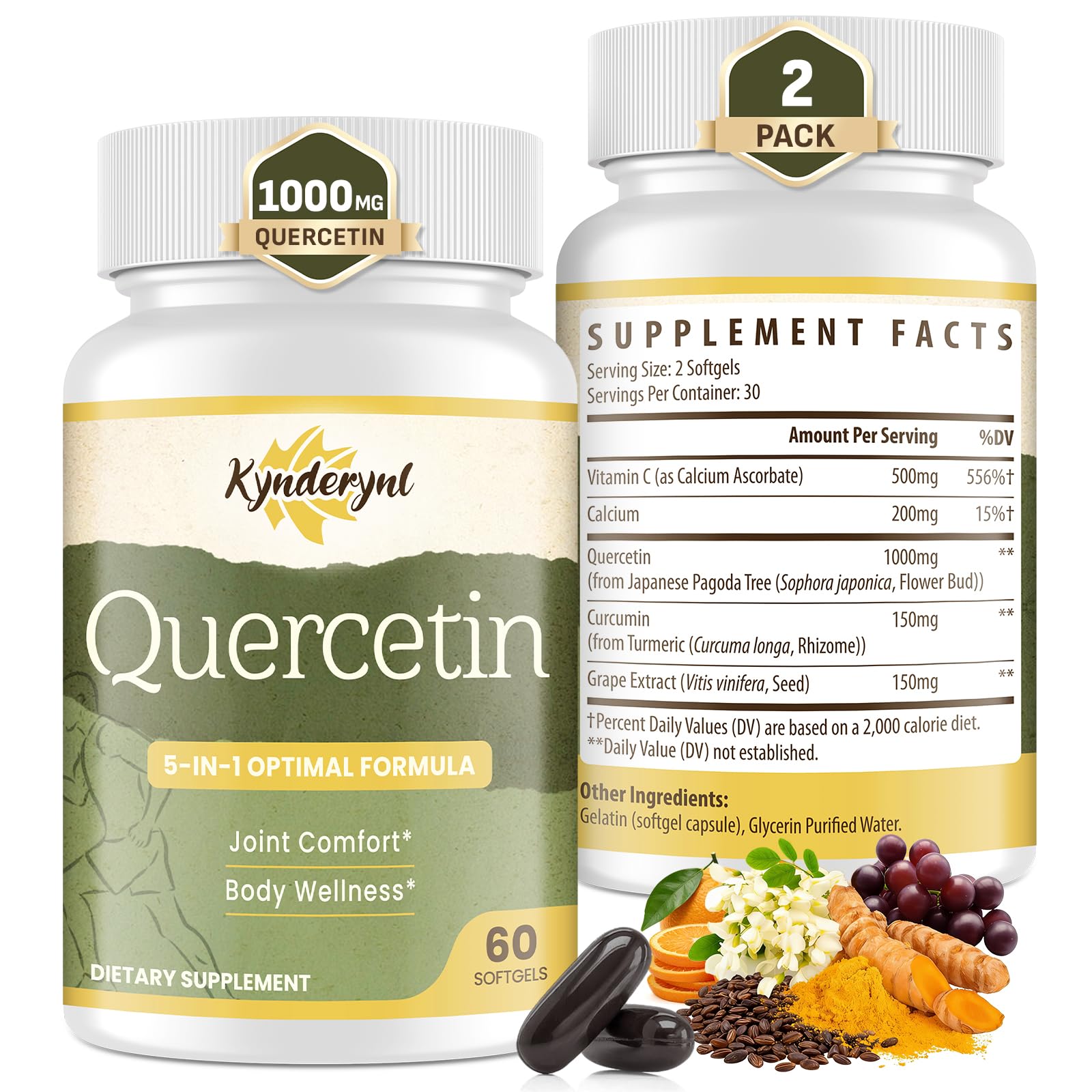 Kynderynl Quercetin 1000mg softgels bottle shown for daily mobility support and antioxidant potential
