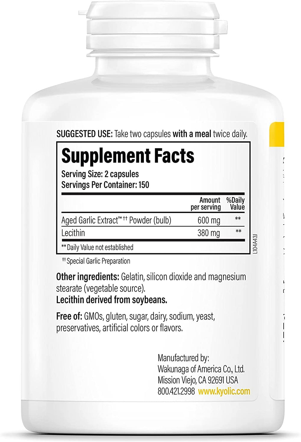 Label details show 300 mg aged garlic extract and 190 mg lecithin per capsule