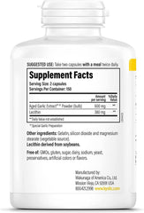 Label details show 300 mg aged garlic extract and 190 mg lecithin per capsule