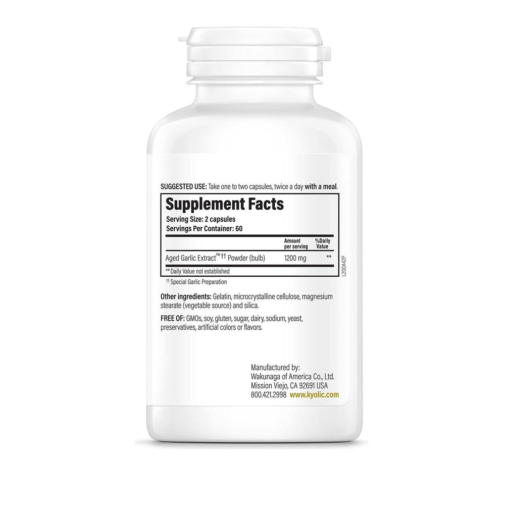 Kyolic Aged Garlic Extract capsules in hand, odorless formula designed for gentle digestion.
