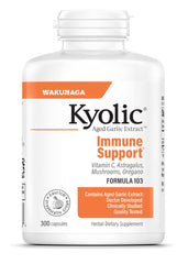 Kyolic Aged Garlic Extract Formula 103 bottle front with clear label for immune support.