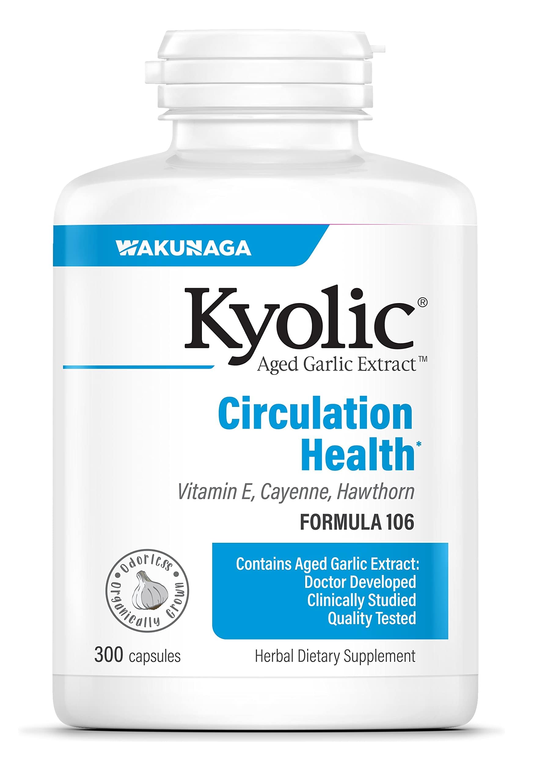 Kyolic Aged Garlic Extract 106 bottle highlighting circulation support.