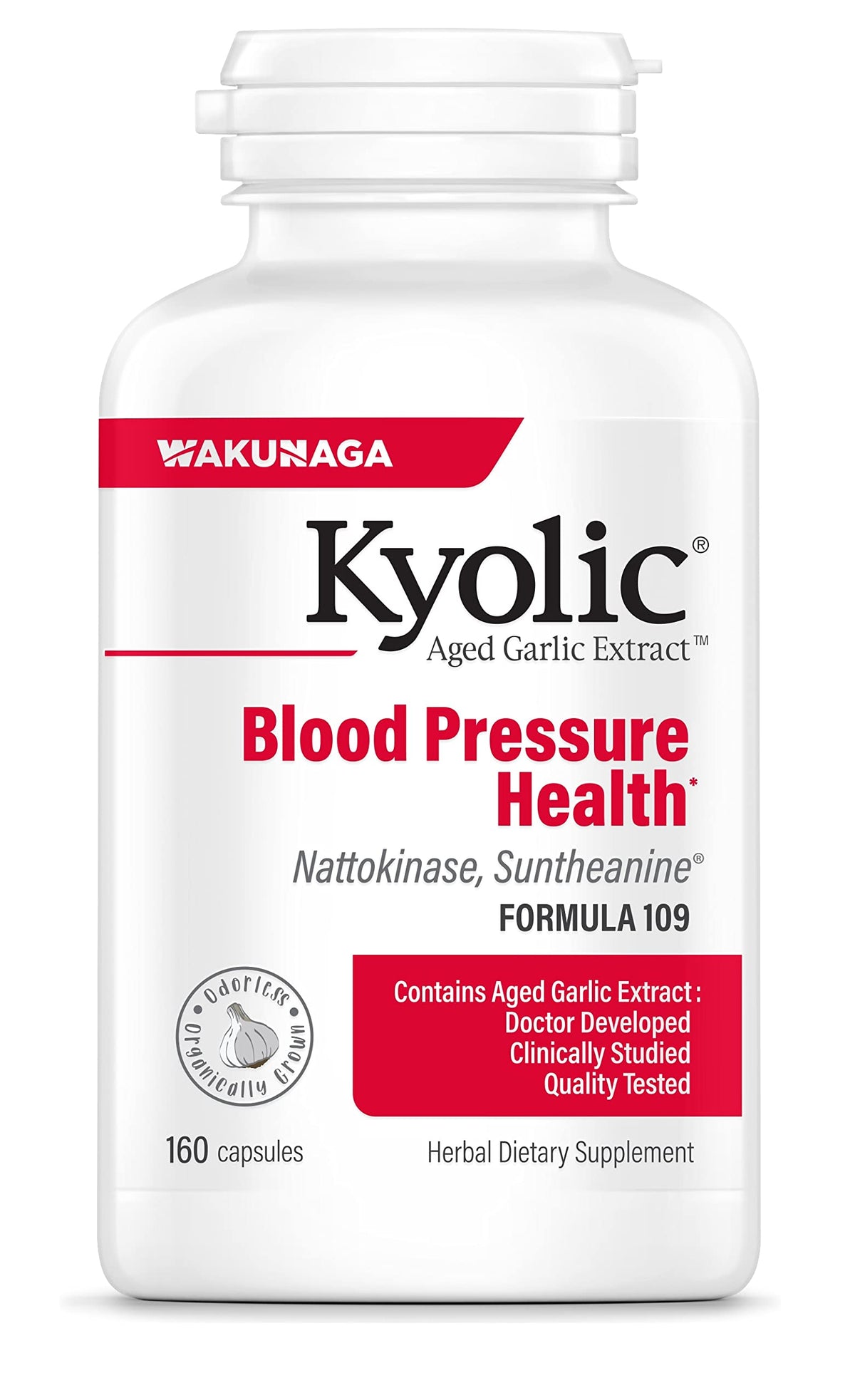 Kyolic Aged Garlic Extract Formula 109 bottle on shelf, supporting heart health.