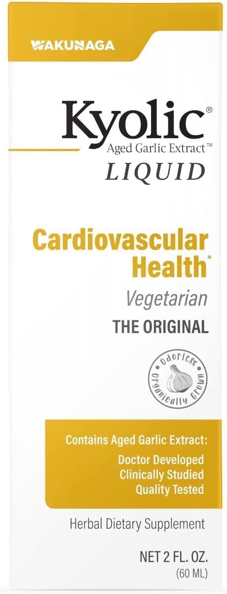 Kyolic Aged Garlic Liquid bottle front view, odorless organic formula.