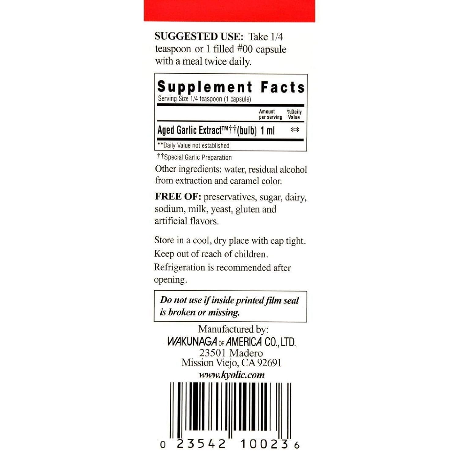 Kyolic Aged Garlic Liquid bottle label highlights aging process and organic garlic.