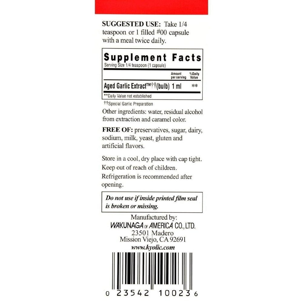 Kyolic Aged Garlic Liquid bottle label highlights aging process and organic garlic.