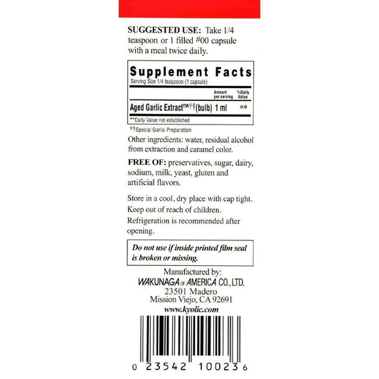 Kyolic Aged Garlic Liquid bottle label highlights aging process and organic garlic.