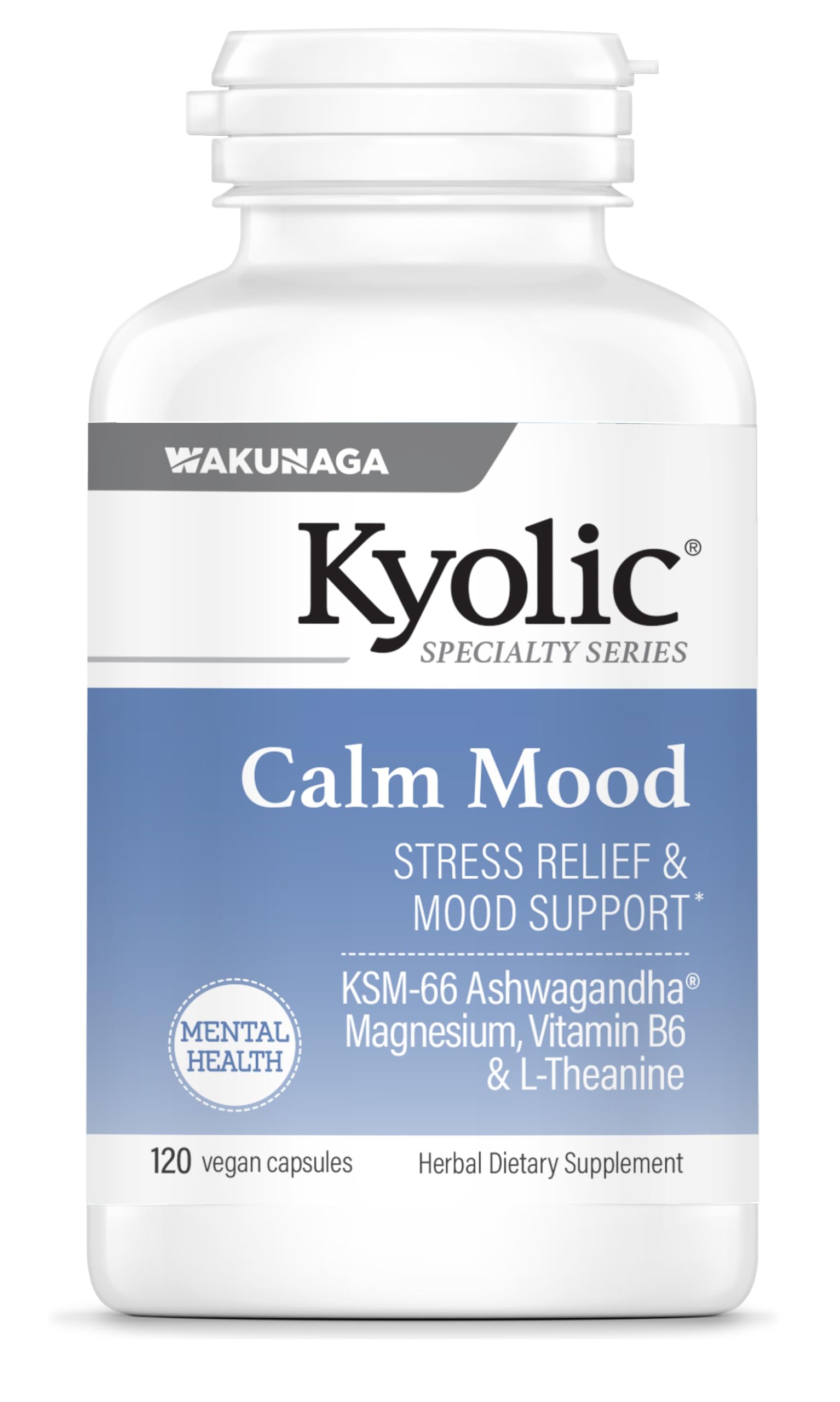 Kyolic Calm Mood bottle with 120 vegicaps promoting mood support.