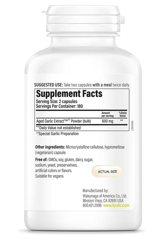 Close-up of Kyolic Formula 300 ingredient panel highlighting vegan and non-GMO attributes.
