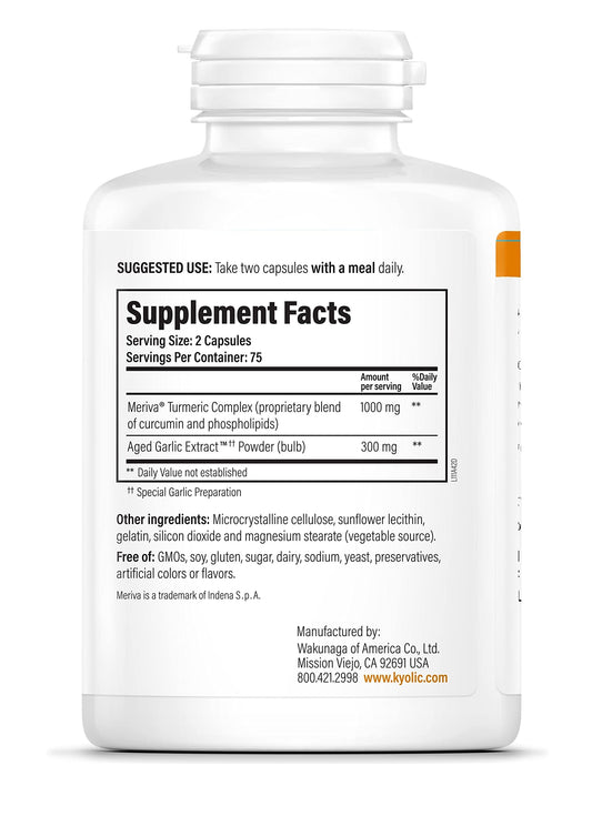 Kyolic Cur Cumin Turmeric Meriva bottle, enhanced absorption for joint comfort.
