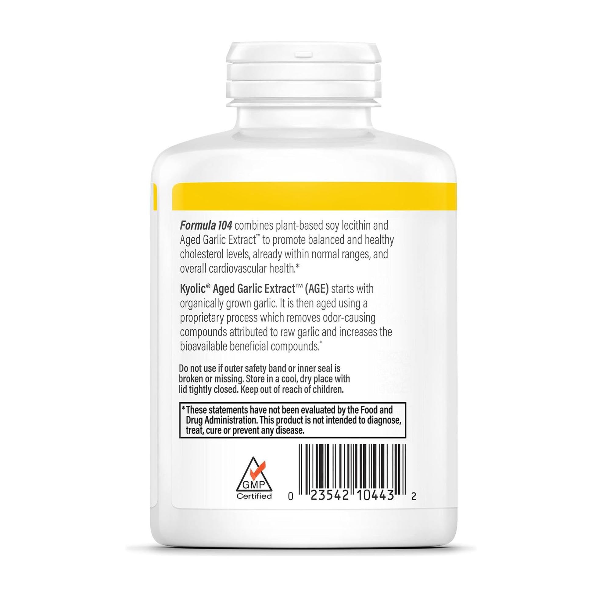 Kyolic Formula 104 cholesterol-support capsules closeup; convenient daily supplement.