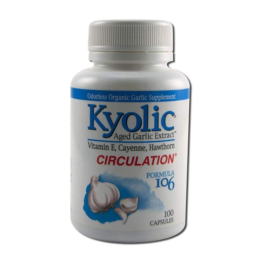 Kyolic Formula 106 aged garlic extract bottle with potential support for circulation and daily energy