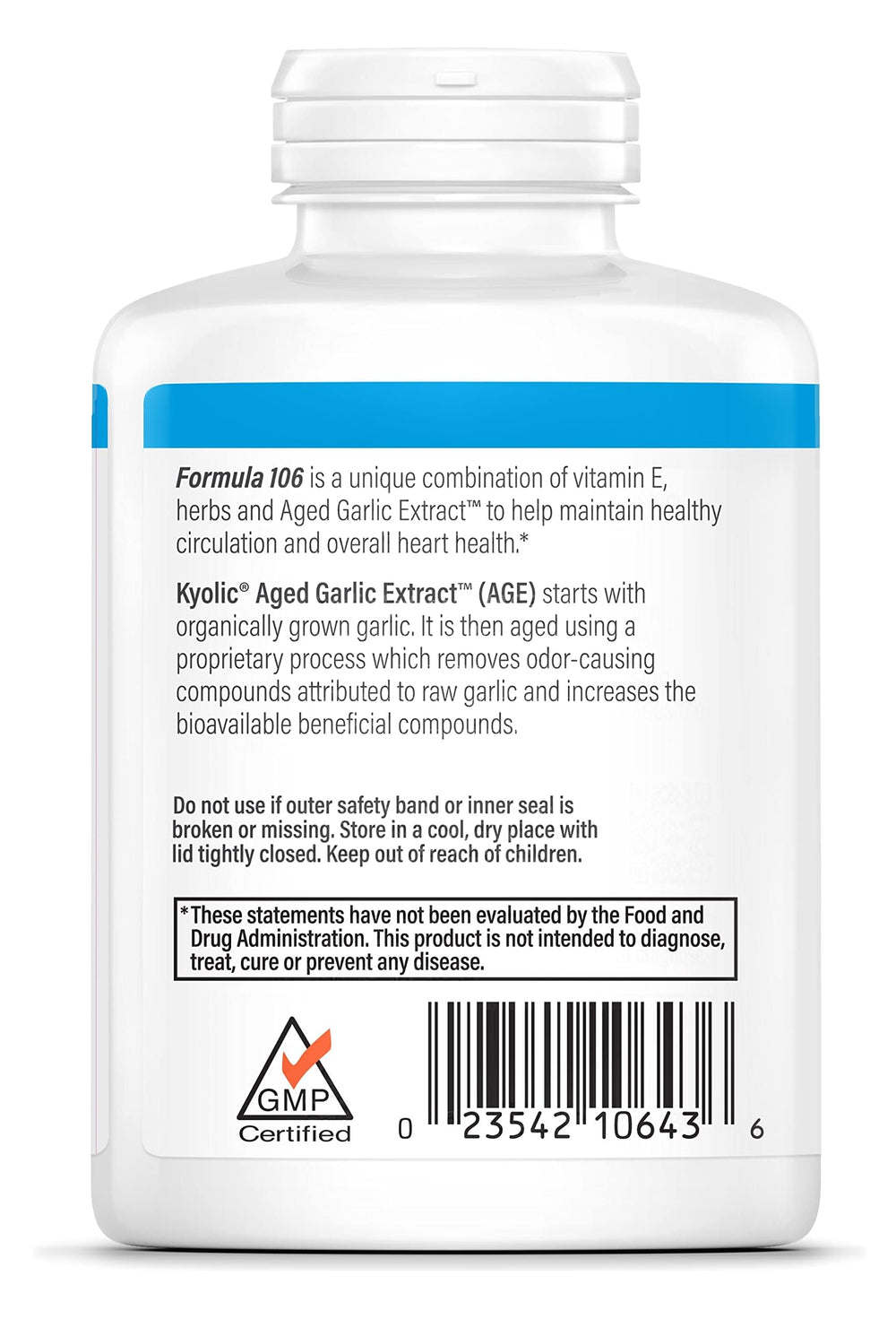 Kyolic Formula 106 label showing vitamins and herbs for heart wellness.