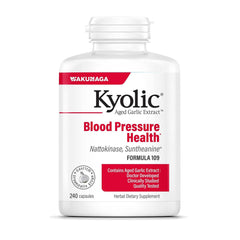 Kyolic Formula 109 bottle close-up, odorless aged garlic extract for heart health support.