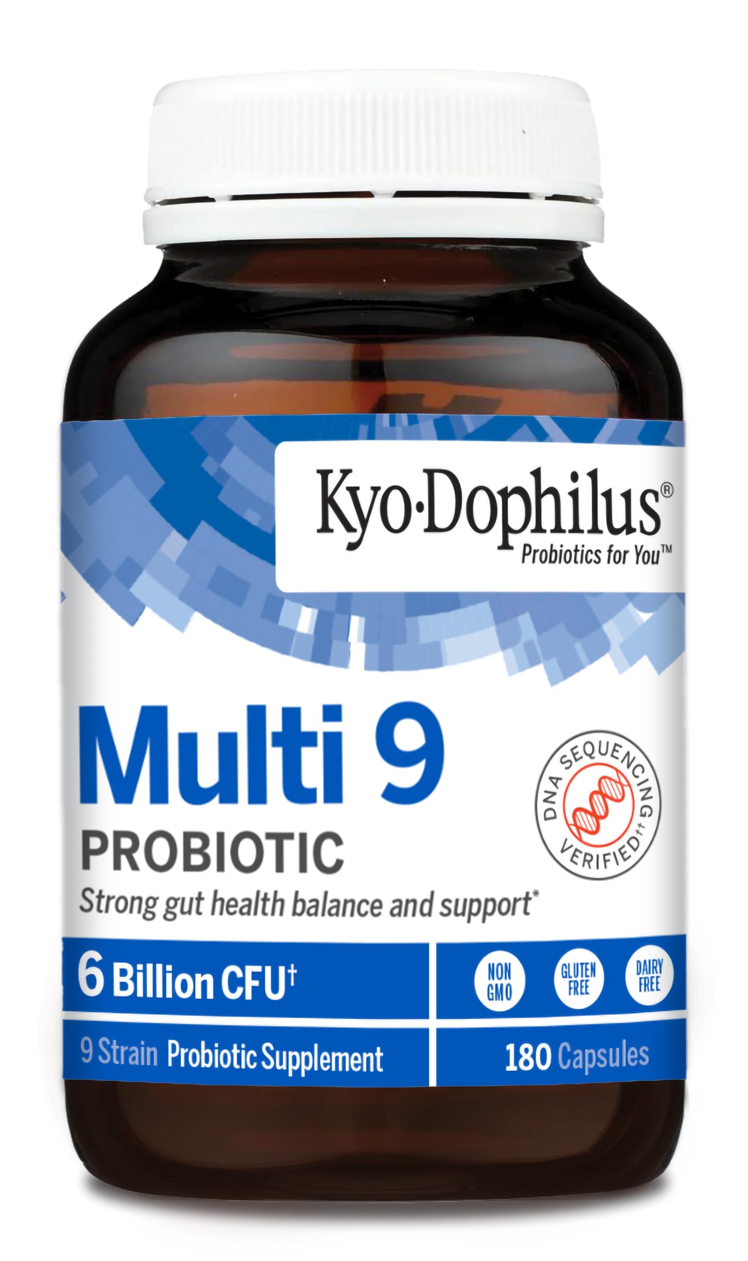 Graphic illustrating Kyolic Kyo-Dophilus nine strains with DNA verification.