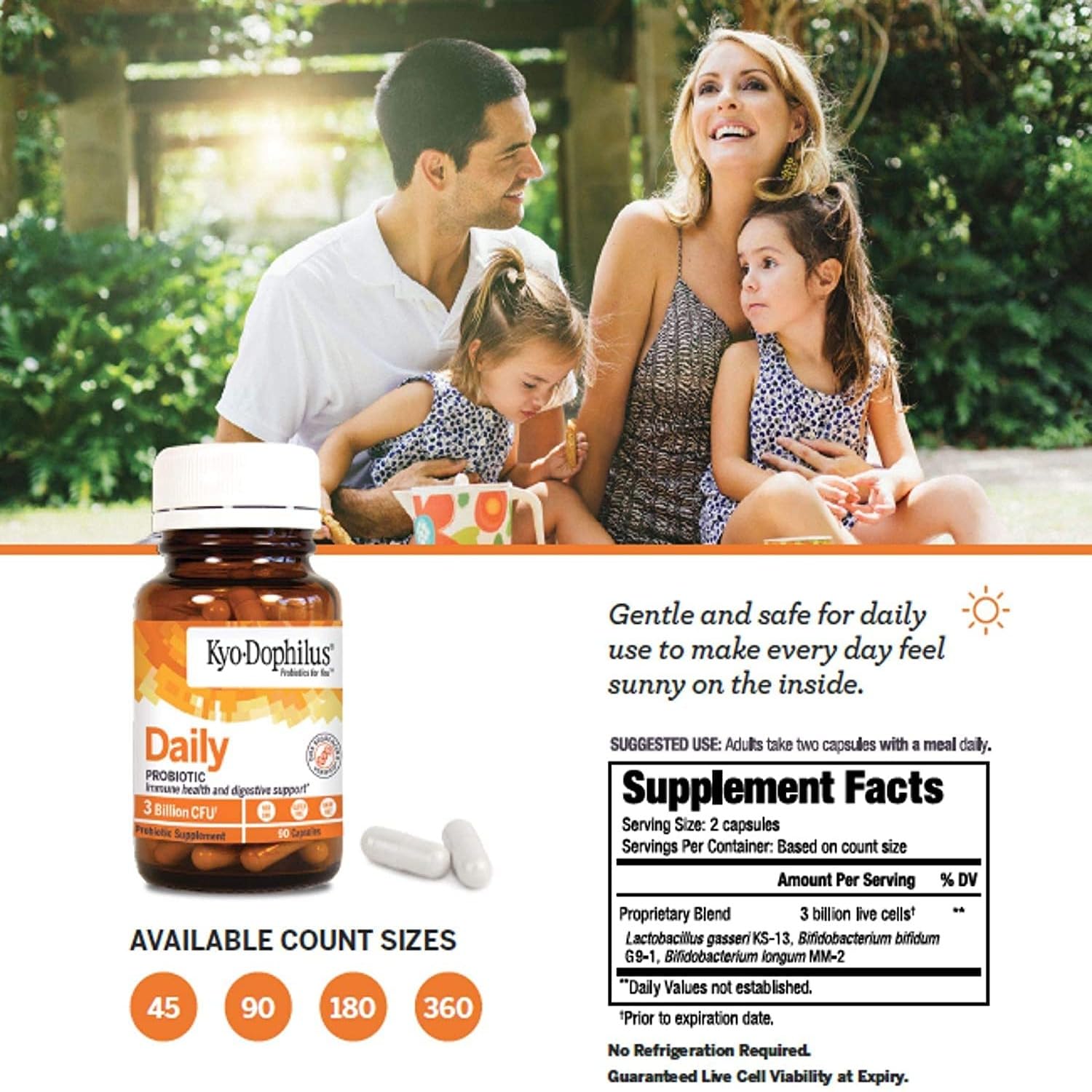 Kyolic Kyo-Dophilus bottle with capsules showing a dairy-free, non-GMO probiotic option.