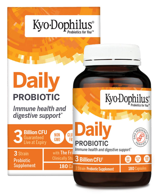 Kyolic Kyo-Dophilus bottle label highlights digestive balance and probiotic benefits.