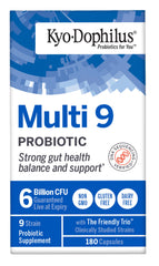 Bottle label of Kyolic Kyo-Dophilus Multi 9 probiotic highlighting ingredients.