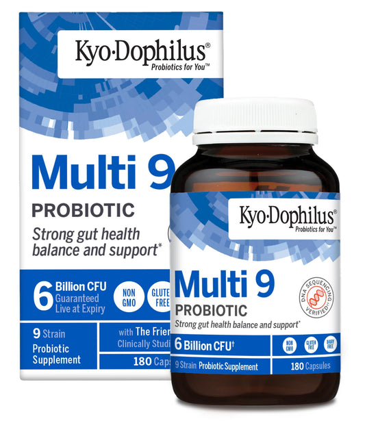 Kyolic Kyo-Dophilus Multi 9 probiotic bottle showing nine strains for gut balance.