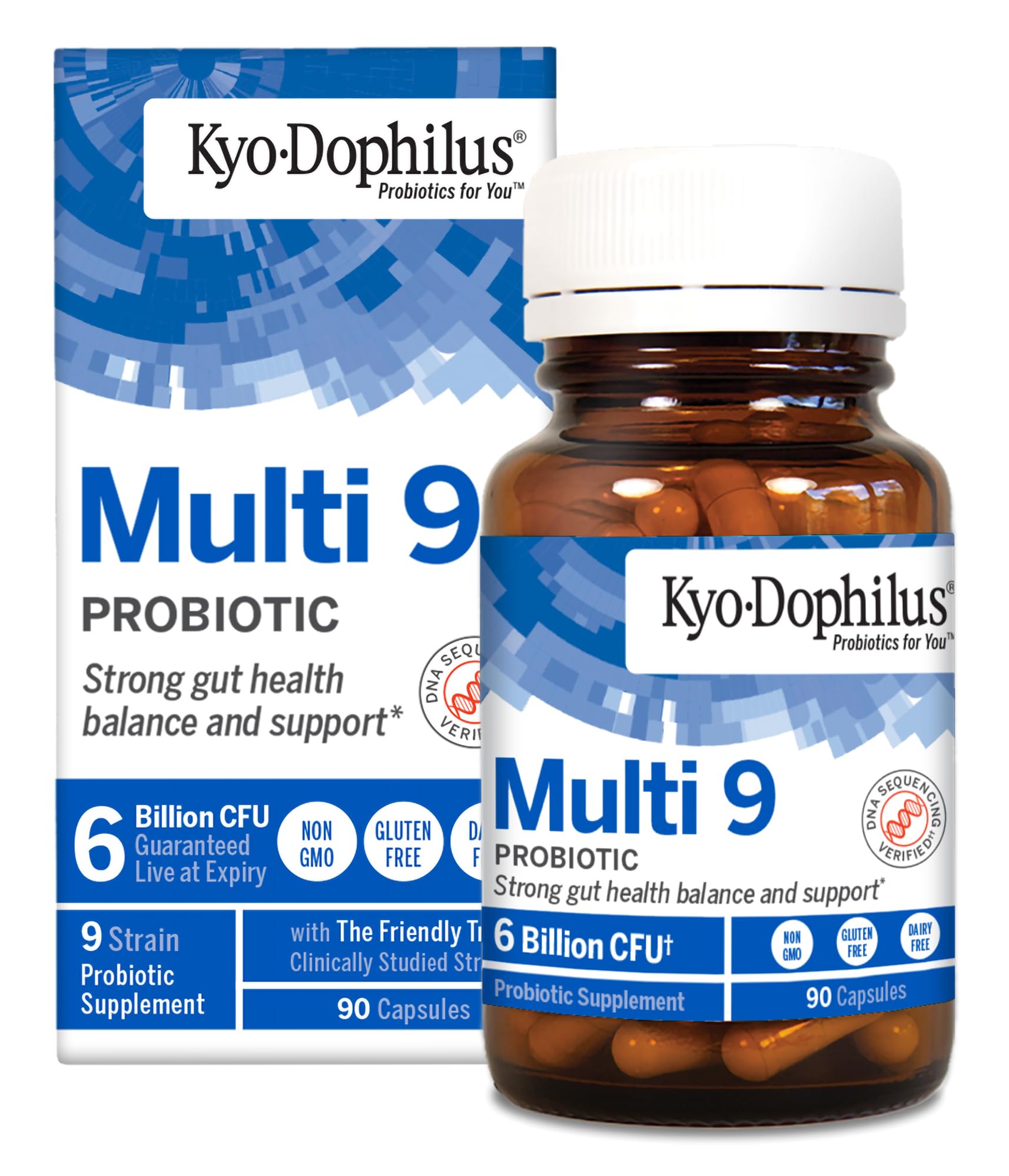 Kyolic Kyo-Dophilus Multi 9 probiotic bottle showing diverse strains for gut balance