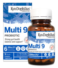 Kyolic Kyo-Dophilus Multi 9 probiotic bottle showing diverse strains for gut balance