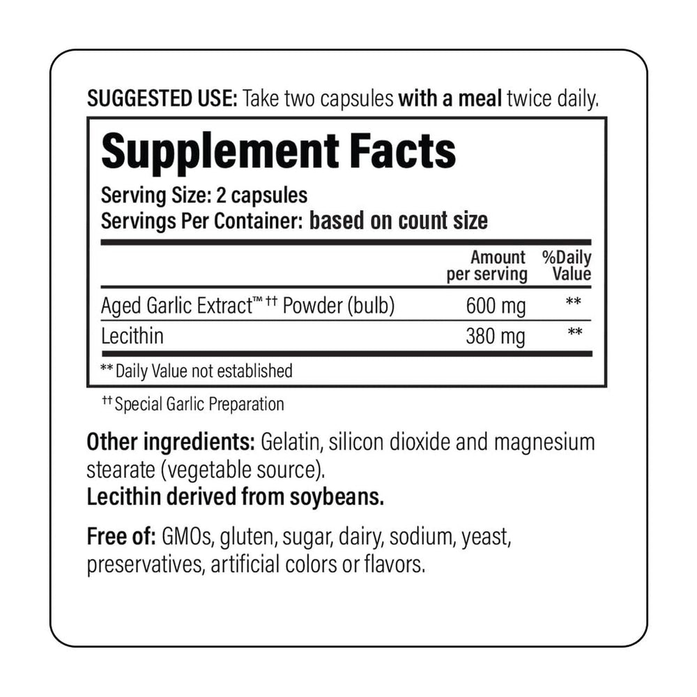 Kyolic organically grown garlic with lecithin; non GMO source highlighted.