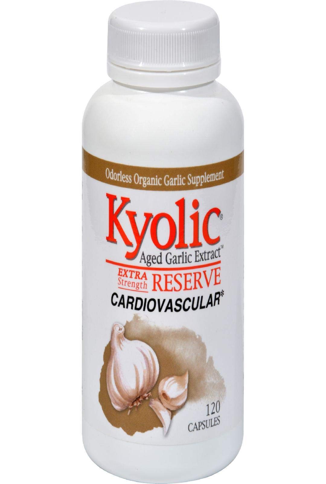 Kyolic Reserve Aged Garlic Extract bottle front view showing high-potency 600 mg capsules for cardiovascular support.